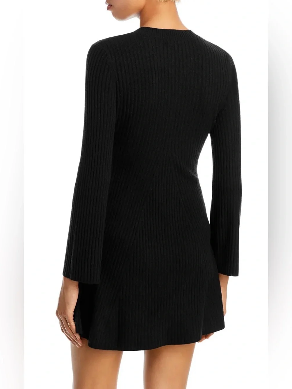 Aqua 100% Cashmere Contour Ribbed Mini Dress Long-Sleeve- Black